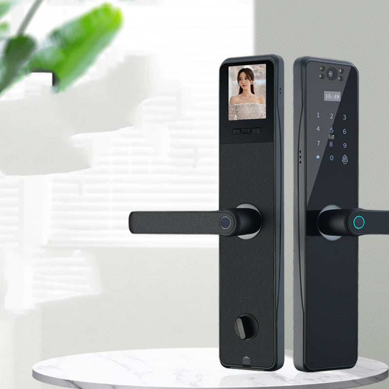 Surveillance camera door lock with fingerprint and keypad access