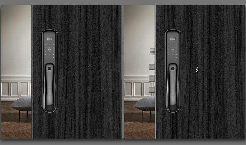 Electronic door lock entry code lock security design on a modern door in a stylish interior.
