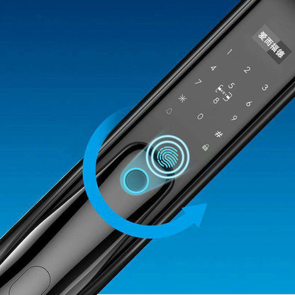 Close-up of an electronic door lock with keypad and fingerprint sensor for secure access.